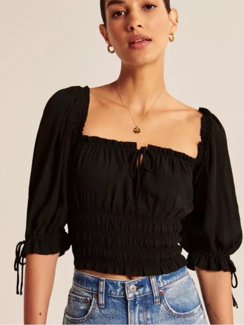 Abercrombie & Fitch | Black Stringy Ruched Squareneck Top